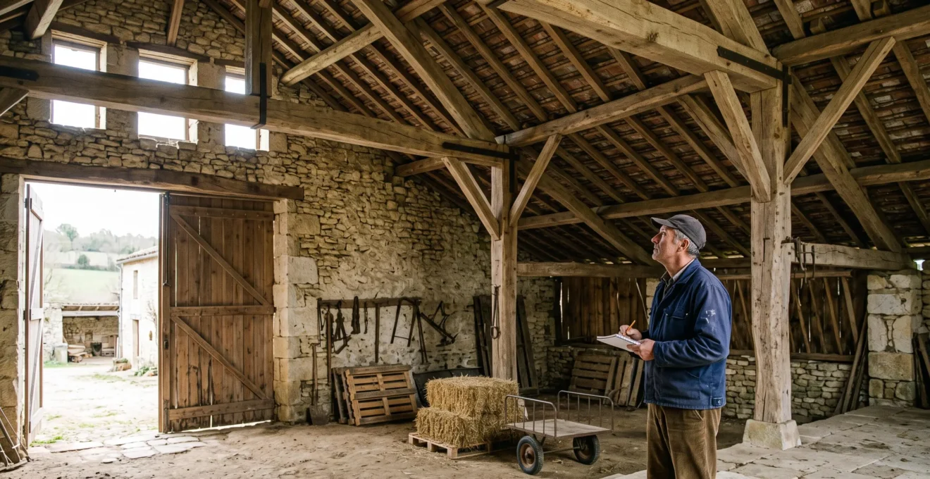 Bâtiment agricole traditionnel français (grange en pierre et bois) partiellement inutilisé, lumière naturelle latérale révélant les volumes et le potentiel de réhabilitation pour diversification
