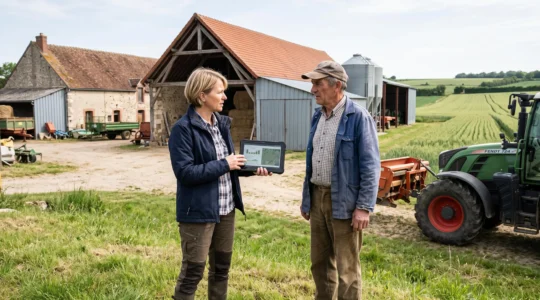 Conseiller agricole et exploitant en discussion professionnelle devant un bâtiment agricole dans une exploitation française, tablette en main, échangeant sur un projet de diversification