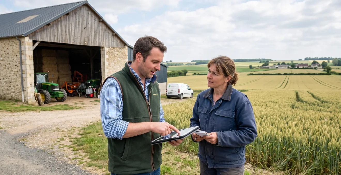 Conseiller agricole et exploitant en discussion professionnelle devant un bâtiment agricole dans une exploitation française, tablette en main, échangeant sur un projet de diversification