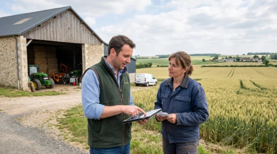 Conseiller agricole et exploitant en discussion professionnelle devant un bâtiment agricole dans une exploitation française, tablette en main, échangeant sur un projet de diversification