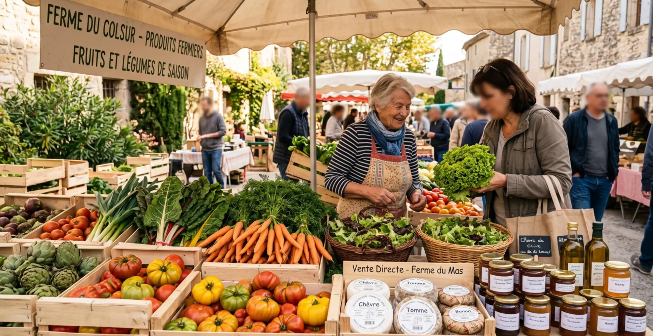 Étal de marché de producteurs locaux français avec produits fermiers frais (légumes, fromages, conserves), lumière naturelle chaude, contexte vente directe circuits courts