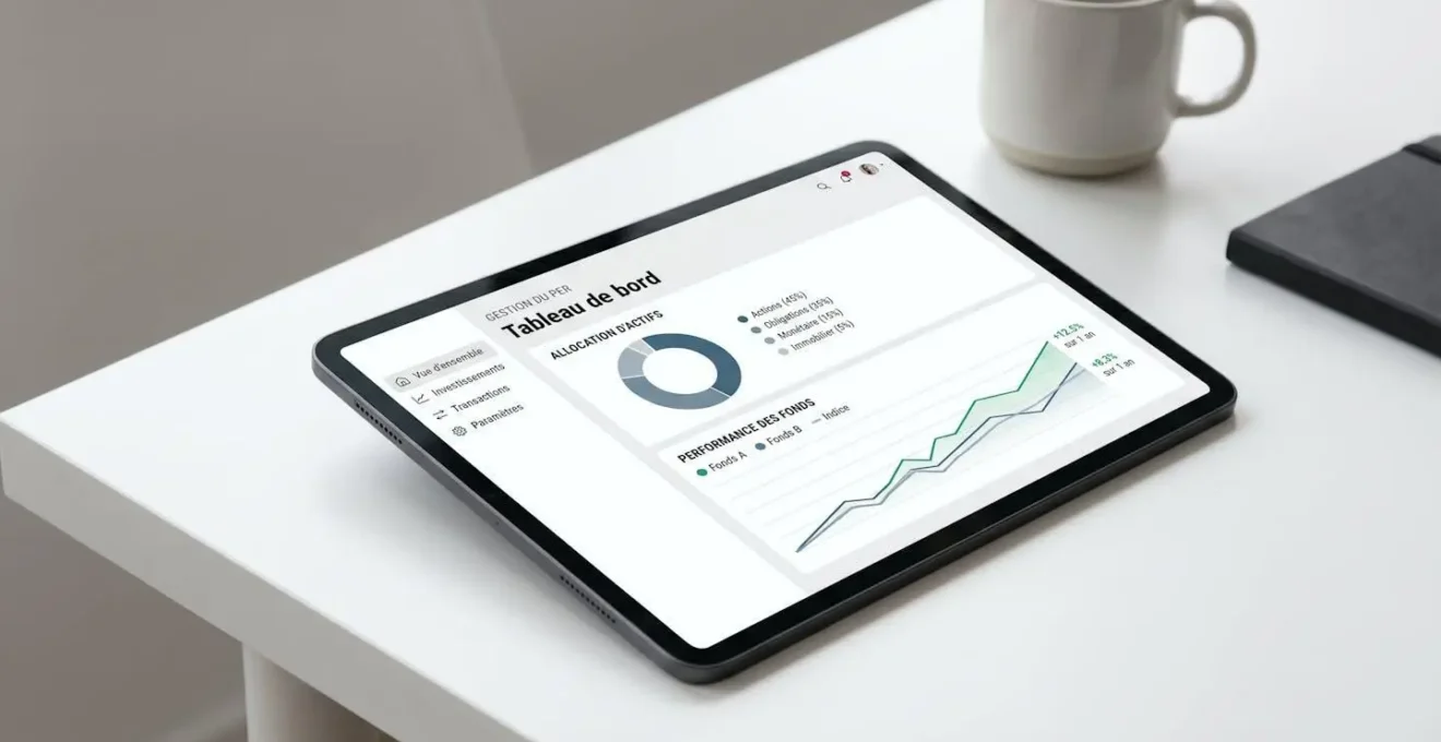 Interface de gestion PER sur tablette affichant l'allocation d'actifs et la performance des supports d'investissement