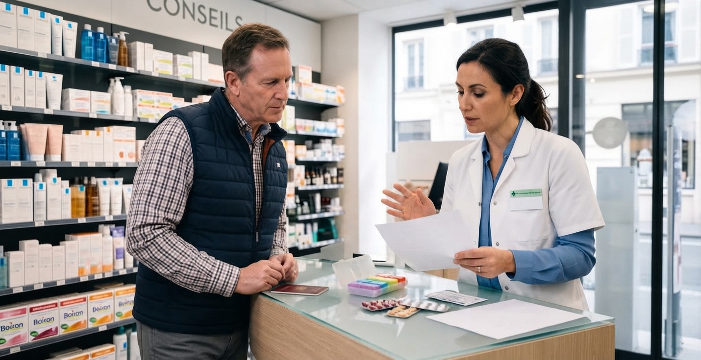 Pharmacienne conseillant un voyageur sur la gestion de ses médicaments lors d'un voyage, consultation professionnelle au comptoir d'une pharmacie