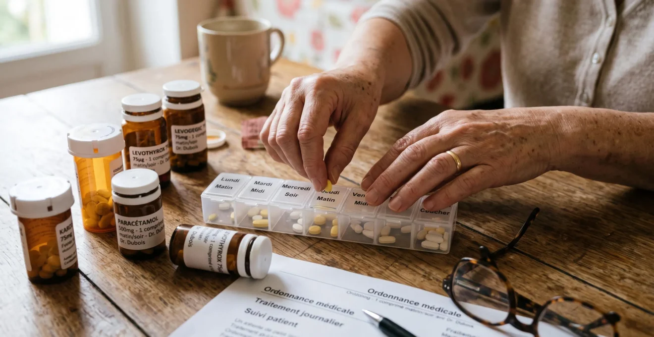 Mains d'une personne senior organisant un pilulier de voyage hebdomadaire avec différents médicaments sur une table