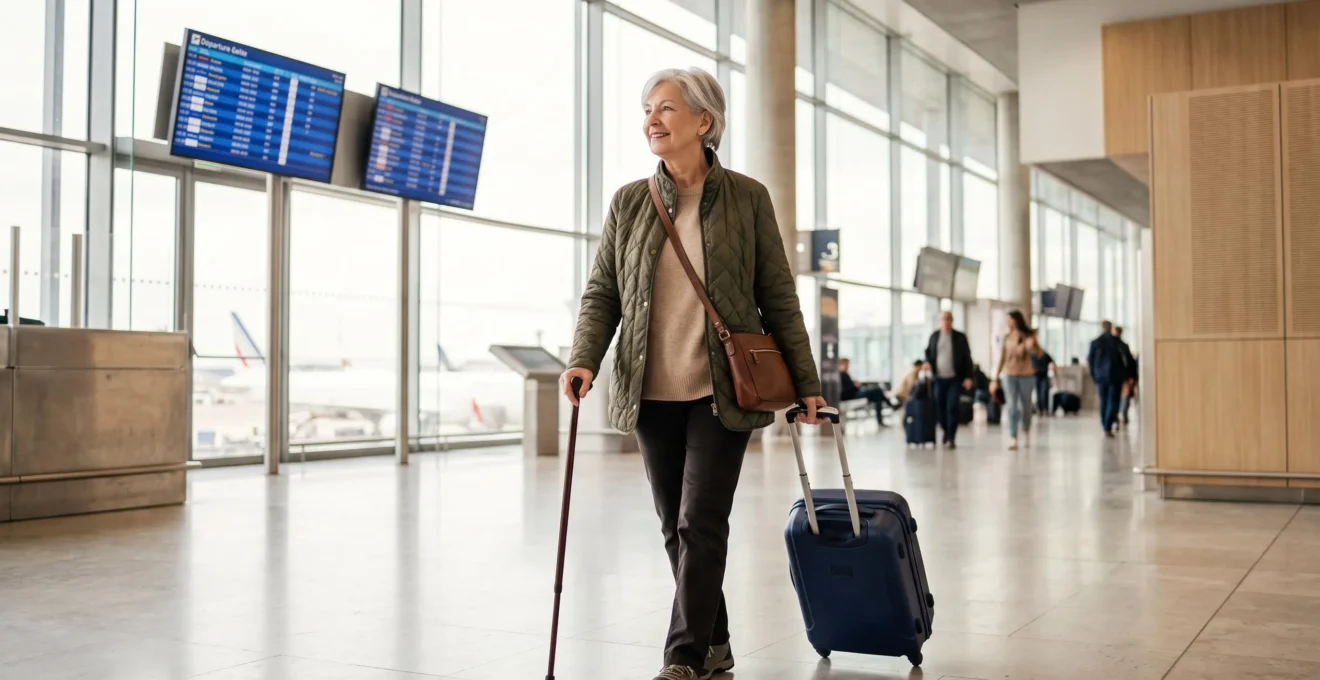 Voyageur senior se déplaçant avec assurance dans un terminal d'aéroport moderne, avec canne de marche et bagage cabine