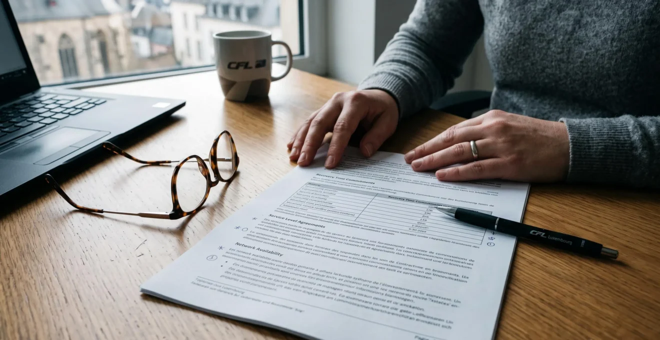 Un responsable relit un contrat Internet avec un stylo posé sur le document.