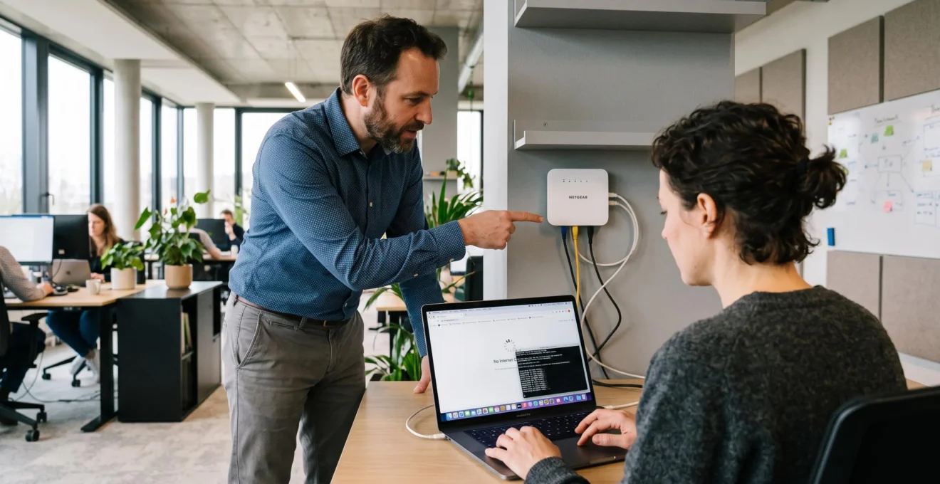 Une dirigeante teste la connexion sur son ordinateur pendant qu'une collègue pointe le routeur.
