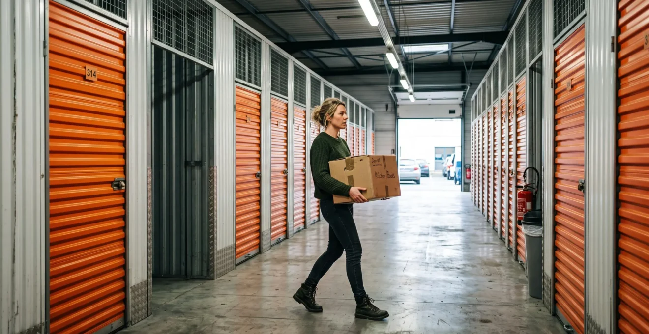 Une femme porte un carton d'objets dans le couloir d'un centre de stockage à Caen.