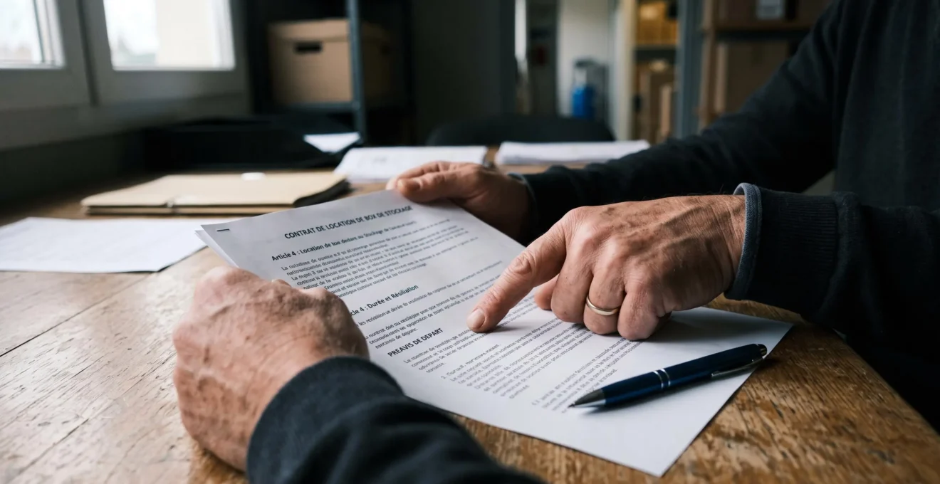 Un homme pointe une clause du contrat de location de box avant de signer.