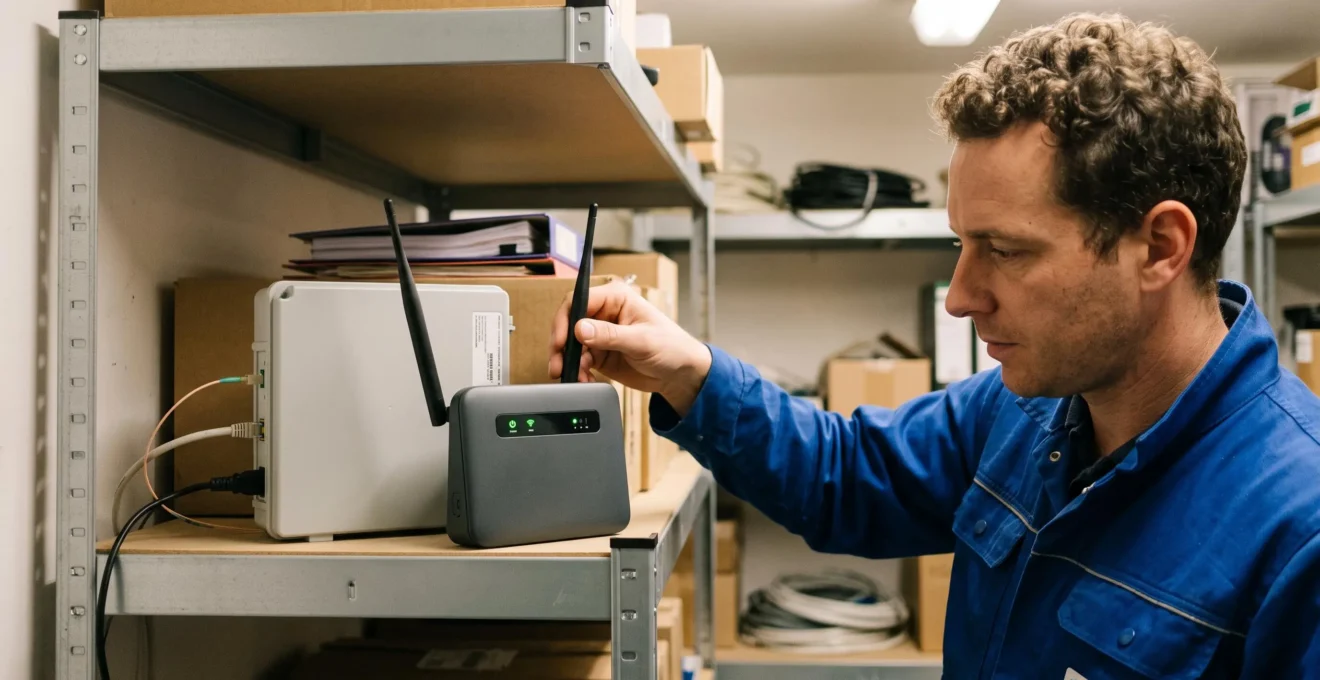 Un routeur de secours 4G/5G à antennes est installé près d'une box fibre.