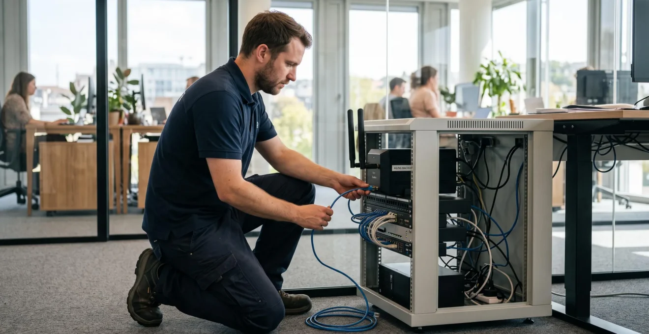Un technicien installe un routeur de secours 4G/5G dans une baie de bureau.